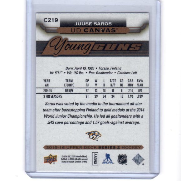 Juuse Saros Young Guns Canvas Upper Deck Rookie Card 2015/16 #C219 Predators - Picture 2 of 4